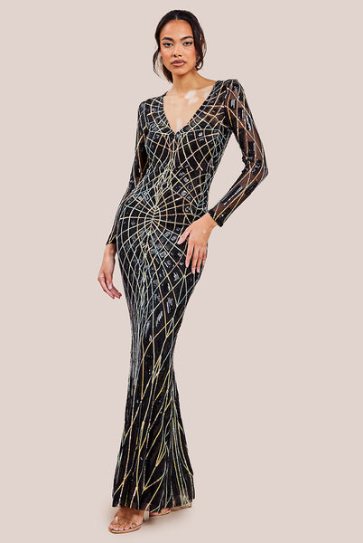 chinese dress ladies Contrast Sequin Long Sleeve Maxi Dress - Wine main image 1