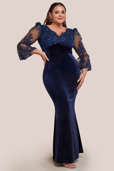 Wholesale Scalloped Lace & Velvet Maxi Dress  City Goddess