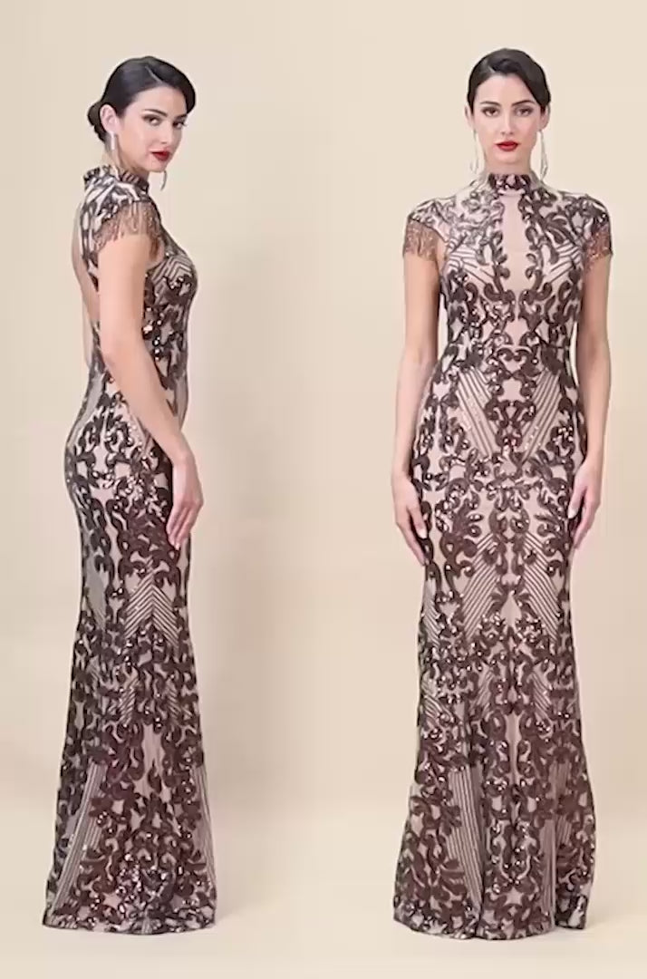 Ornate Sequin Collared Maxi Dress With Beaded Fringe Cap Sleeve DR3591