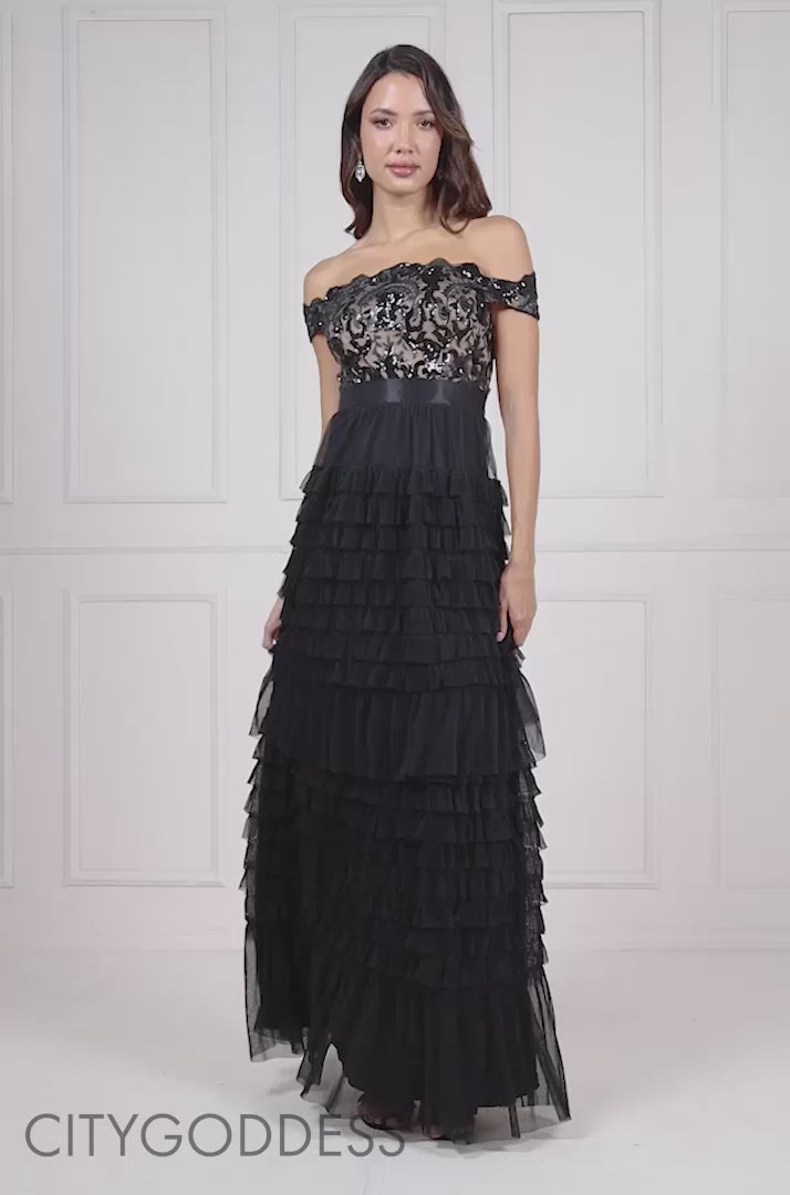 Scallop Sequin Embroidered Bardot Tiered Ruffles Maxi Dress DR3742
