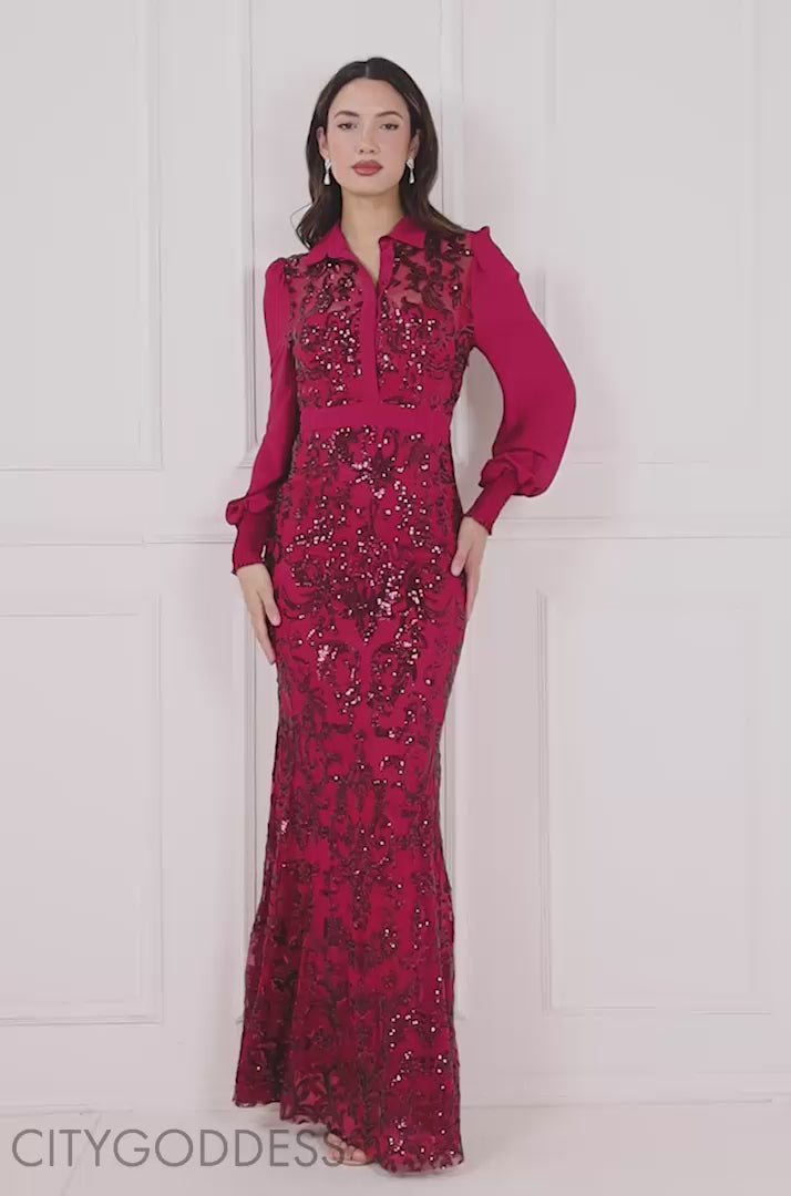 Pattern Embroidered Sequin Shirt Maxi With Chiffon Sleeves DR3596