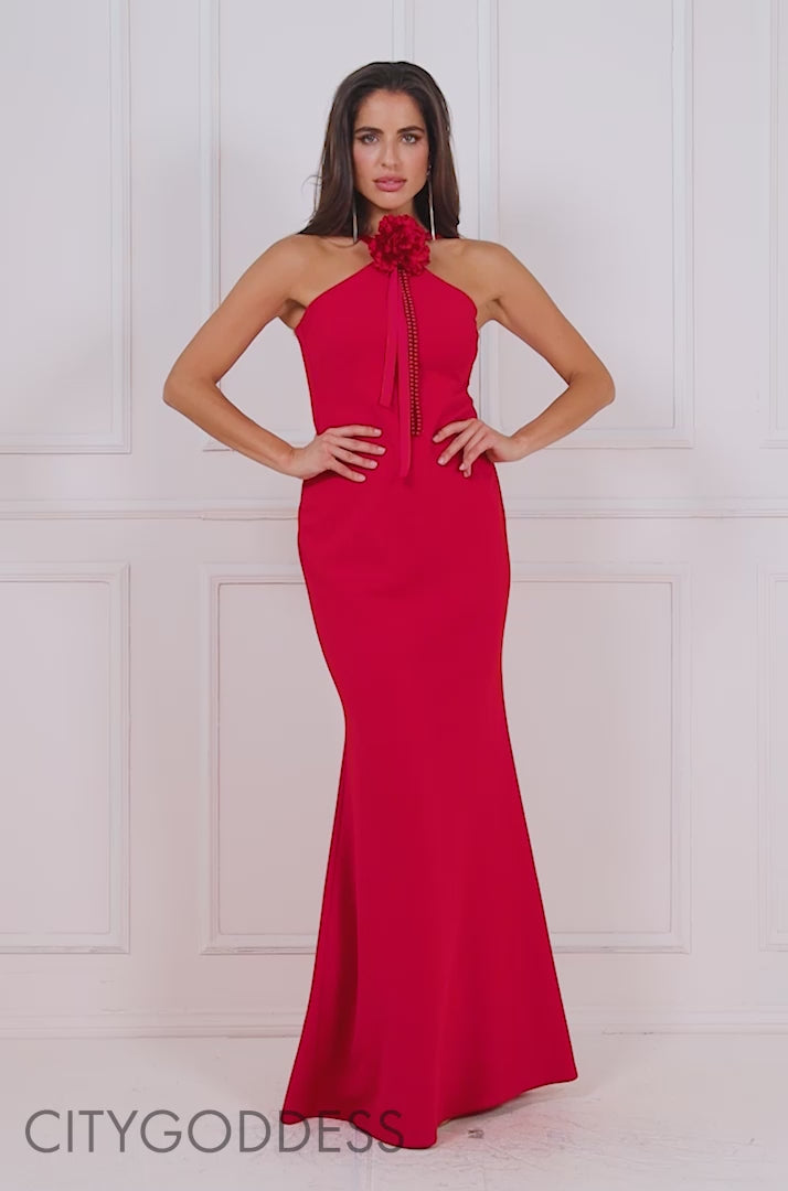 CORSAGE AND PEARLS RACER NECK SCUBA CREPE MAXI DRESS DR4053