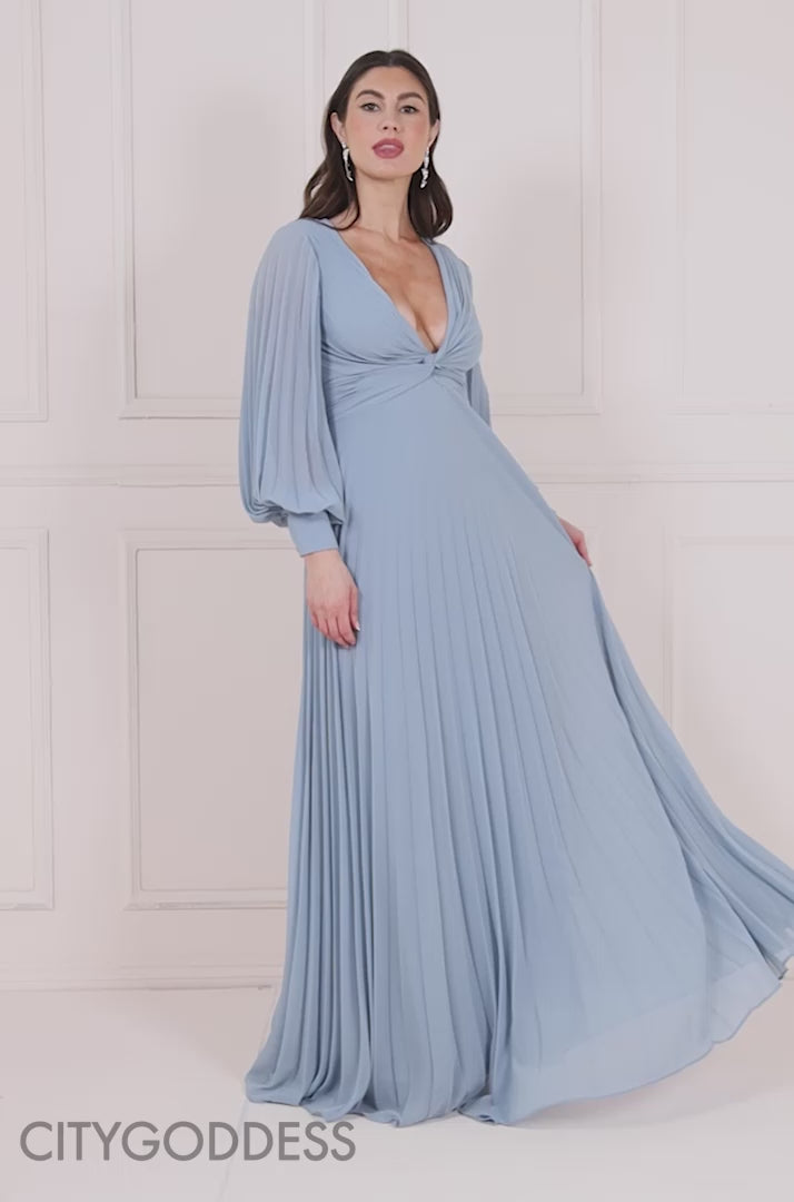 Front Knotted All Over Pleated Full Sleeve Maxi Dress DR3593