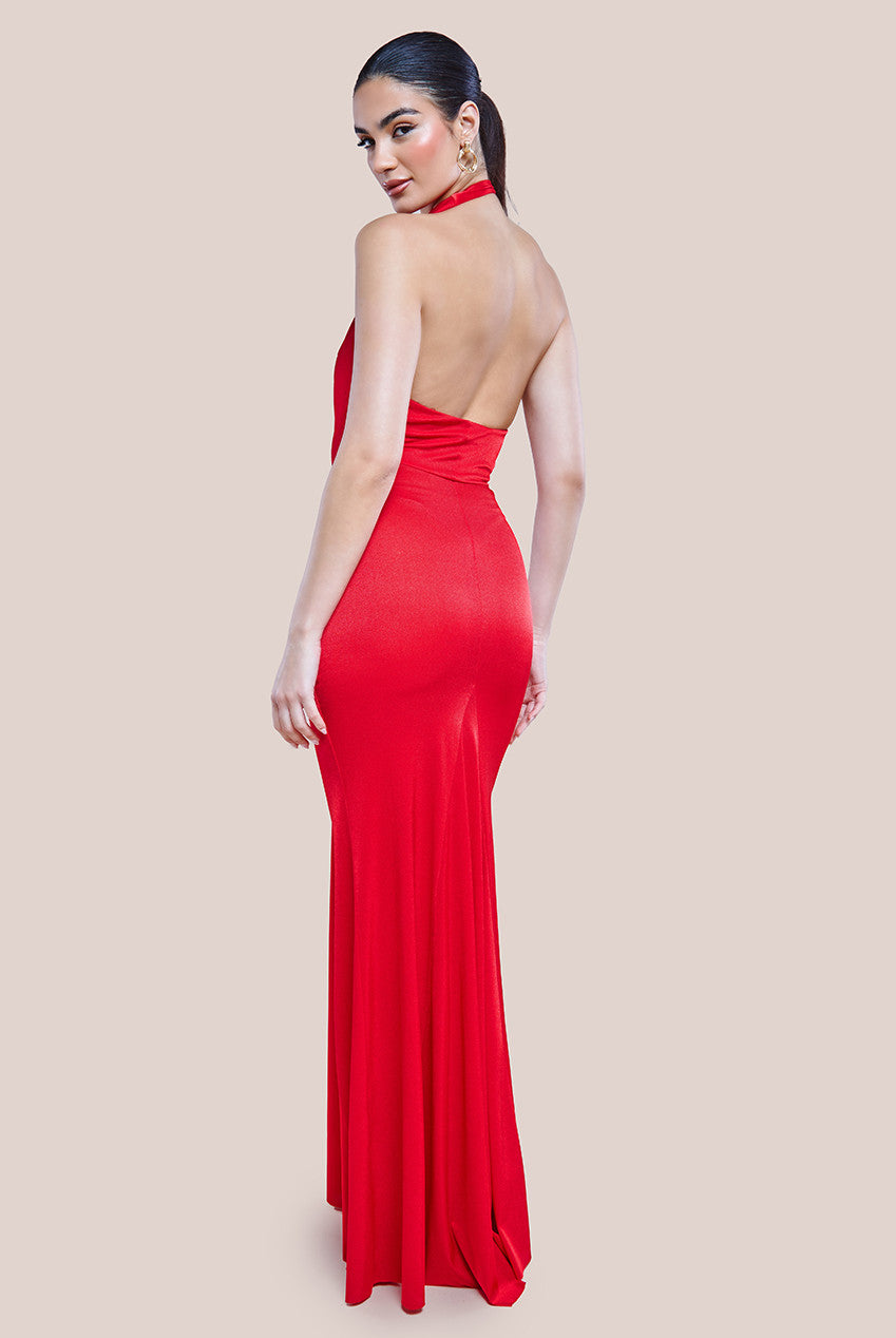 goddiva cowl back satin maxi dress reviews Goddiva Cowl Neck With Strappy Back Satin Maxi in Pink