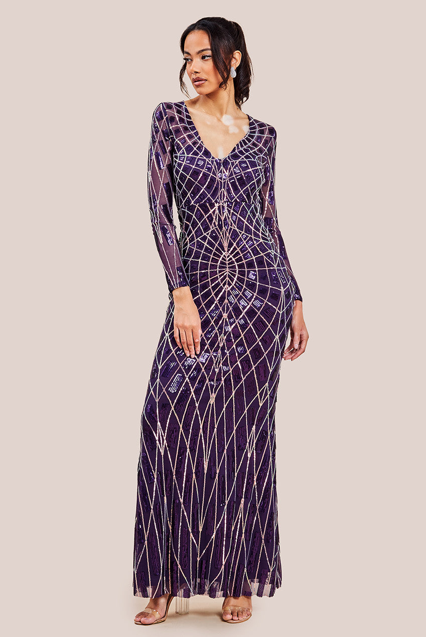 goddiva geo sequin long sleeve maxi dress reviews Geo Sequin Long Sleeve Maxi Dress - Purple