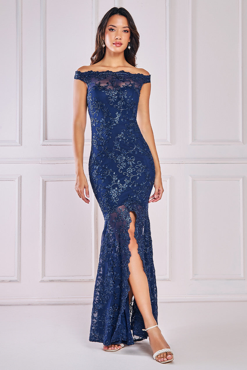 Goddiva Lace Scallop Edge Mermaid Maxi Dress - Navy / 8 Goddiva Lace Scallop Edge Mermaid Maxi Dress - Navy / 8
