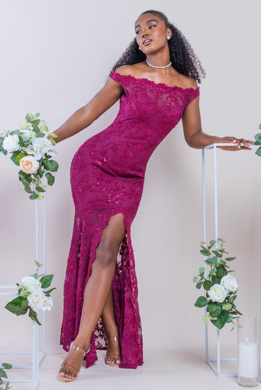 lace scallop maxi dress Chantal Red scallop-pattern lace-panel maxi dress S / Red