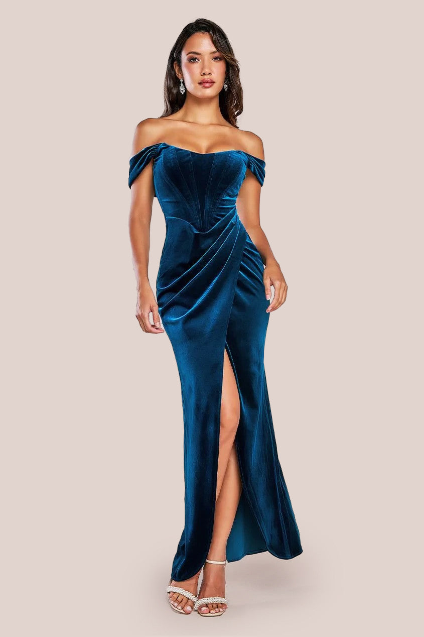 goddiva draped shoulder velvet corset maxi dress reviews Goddiva Draped Shoulder Velvet Corset Maxi Dress in Red