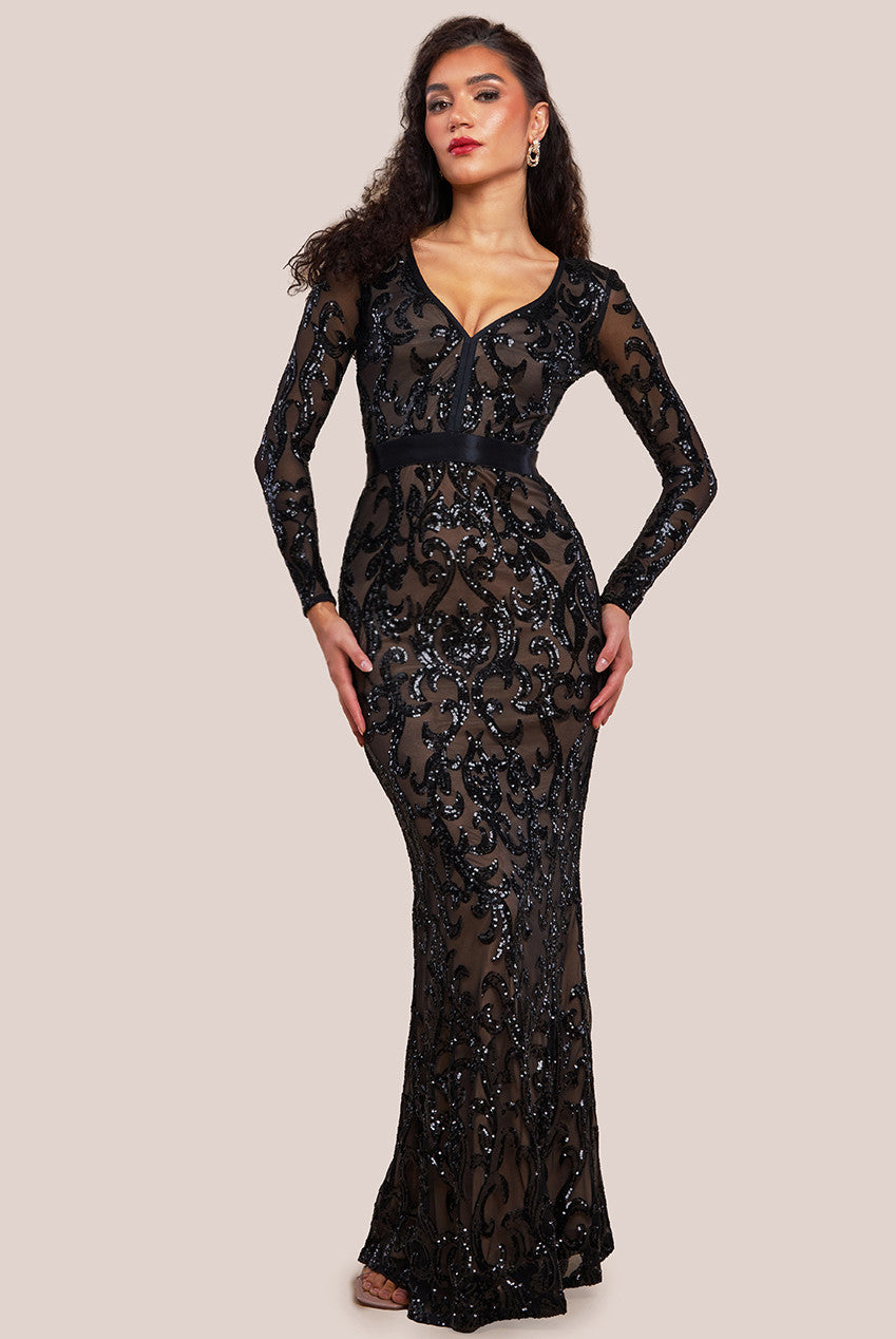 Goddiva Embroidered Sequin & Mesh Maxi Dress - Black / 8 Goddiva Embroidered Sequin & Mesh Maxi Dress - Black / 8