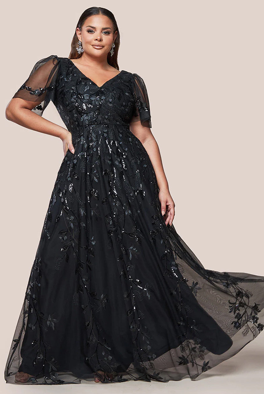 Goddiva Plus Flared Sleeve Embroidered Maxi Dress - Black / 18 Goddiva Plus Flared Sleeve Embroidered Maxi Dress - Black / 18