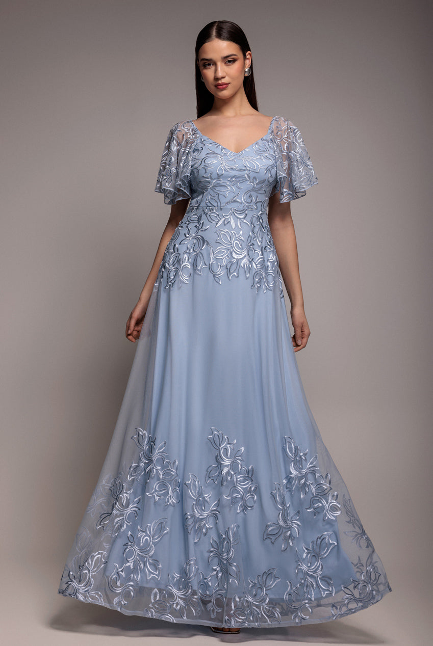 Wholesale Lace Flutter Sleeve Embroidered Mesh A Line Maxi Dress City Goddess Wholesale Lace Flutter Sleeve Embroidered Mesh A Line Maxi Dress City Goddess