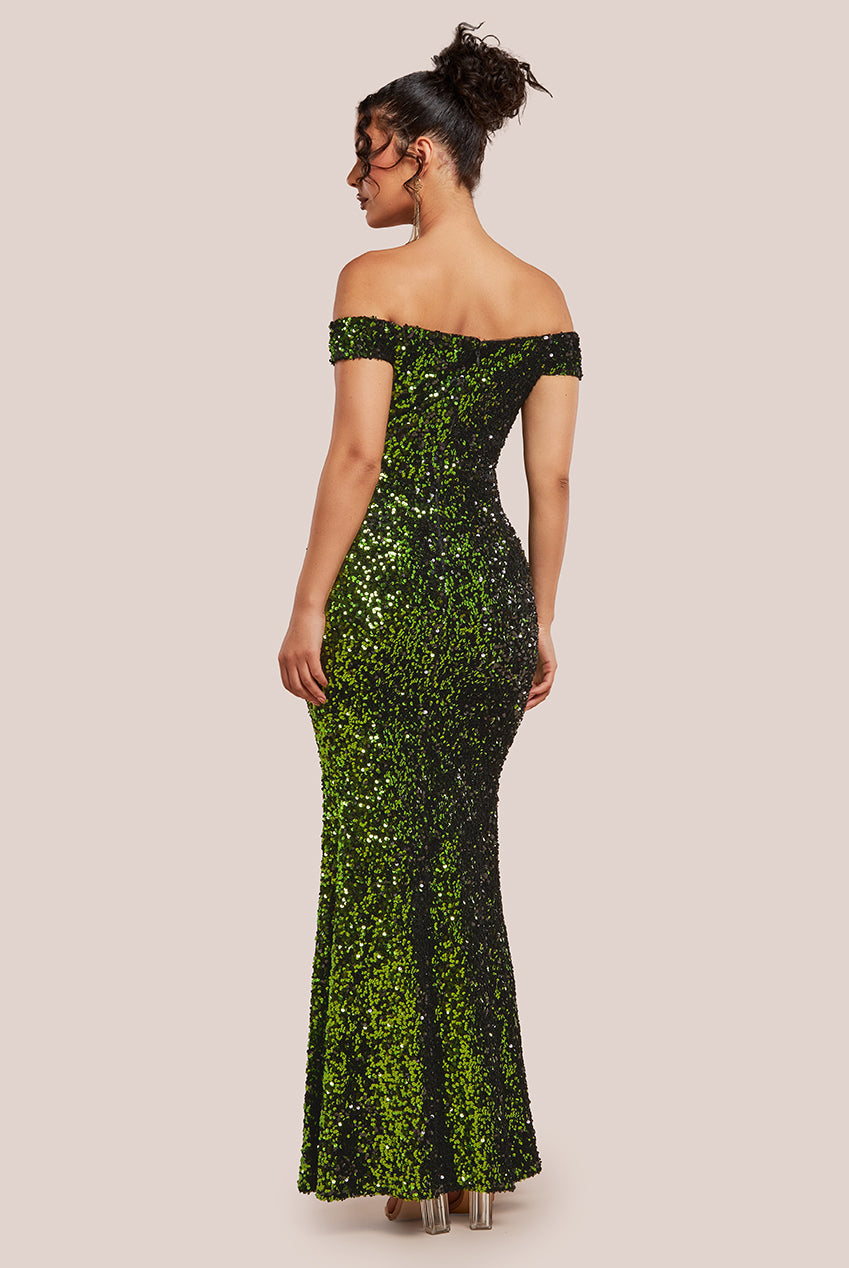 Wholesale Sequin Velvet Bardot Evening Maxi Dress City Goddess Wholesale Sequin Velvet Bardot Evening Maxi Dress City Goddess