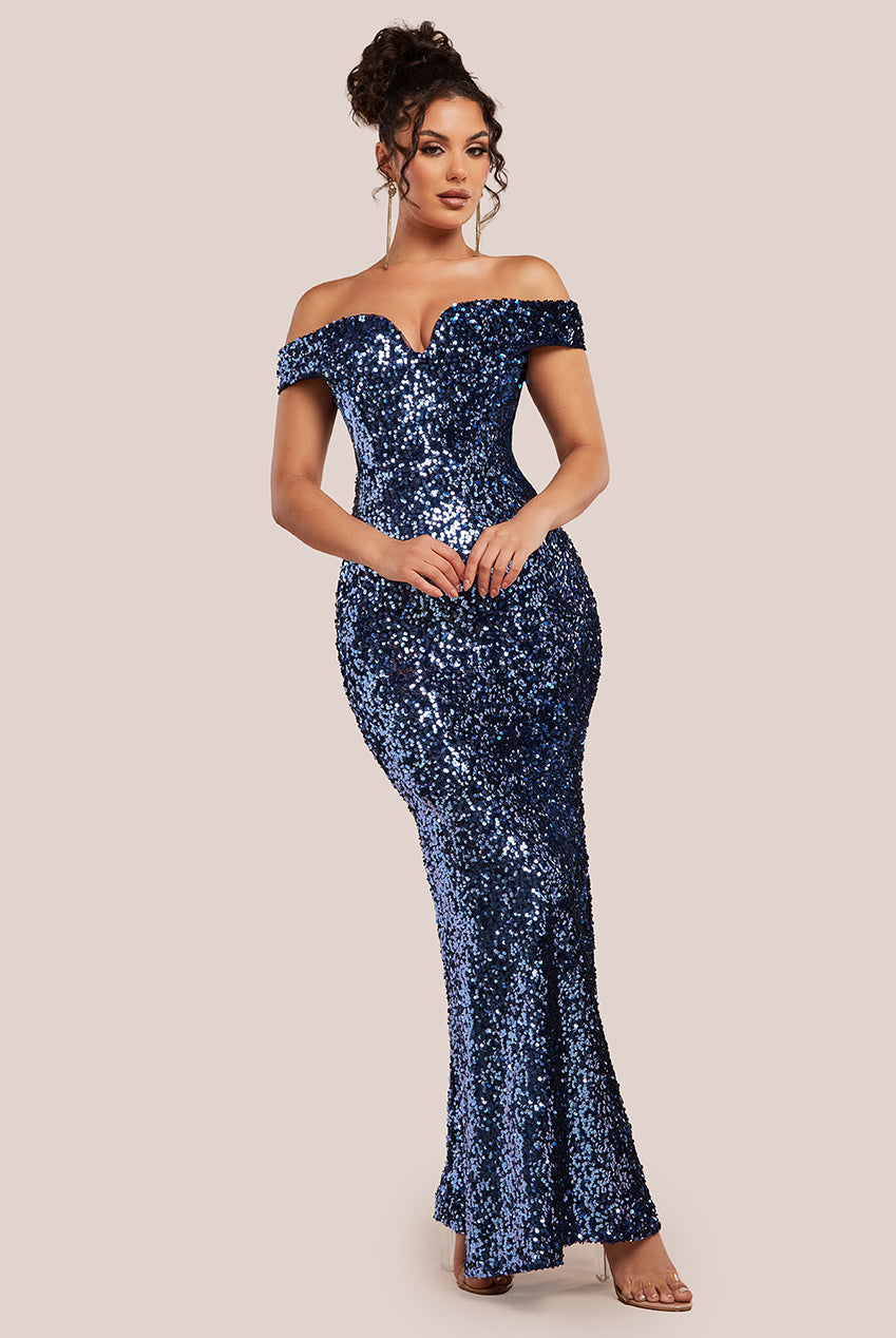 Wholesale Sequin Velvet Bardot Evening Maxi Dress City Goddess Wholesale Sequin Velvet Bardot Evening Maxi Dress City Goddess