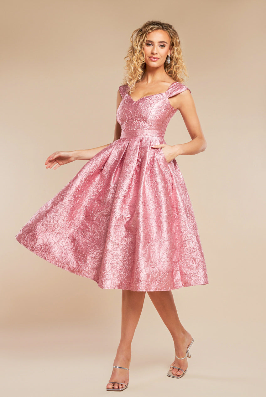 Goddiva Crushed Bonded Satin Skater Midi Dress BlushPink