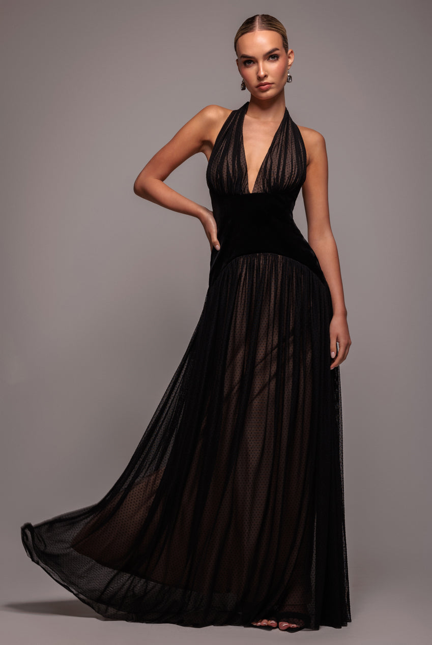 Goddiva Velvet And Dobby Mesh A Line Halter Maxi Dress - Black / 16 Goddiva Velvet And Dobby Mesh A Line Halter Maxi Dress - Black / 16