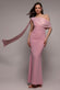 LUREX PLEATED BARDOT ONE SHOULDER CAPE MAXI DRESS DR4984QZ