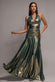 HALTERNECK EMPIRE WAIST GATHERED SUNRISE FOIL MAXI DRESS BY GODDIVA DR5138