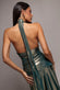 HALTERNECK EMPIRE WAIST GATHERED SUNRISE FOIL MAXI DRESS BY GODDIVA DR5138