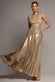 HALTERNECK EMPIRE WAIST GATHERED SUNRISE FOIL MAXI DRESS BY GODDIVA DR5138