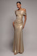 FOIL PLEATED ONE SHOULDER BARDOT FIT AND FLARE MAXI DRESS BY GODDIVA DR5157