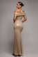 FOIL PLEATED ONE SHOULDER BARDOT FIT AND FLARE MAXI DRESS BY GODDIVA DR5157