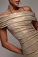 FOIL PLEATED ONE SHOULDER BARDOT FIT AND FLARE MAXI DRESS BY GODDIVA DR5157