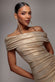 FOIL PLEATED ONE SHOULDER BARDOT FIT AND FLARE MAXI DRESS BY GODDIVA DR5157