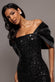 SATIN BOW BACK OFF THE SHOULDER SEQUIN MAXI DRESS DR5160
