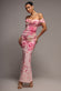 PRINTED COWL NECK PLEATED WAIST MAXI DRESS BY GODDIVA DR5186