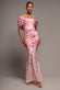 PRINTED OFF SHOULDER SATIN BOW BACK MAXI DRESS BY GODDIVA DR5282