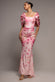 PRINTED OFF SHOULDER SATIN BOW BACK MAXI DRESS BY GODDIVA DR5282