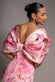 PRINTED OFF SHOULDER SATIN BOW BACK MAXI DRESS BY GODDIVA DR5282