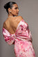 PRINTED OFF SHOULDER SATIN BOW BACK MAXI DRESS BY GODDIVA DR5282