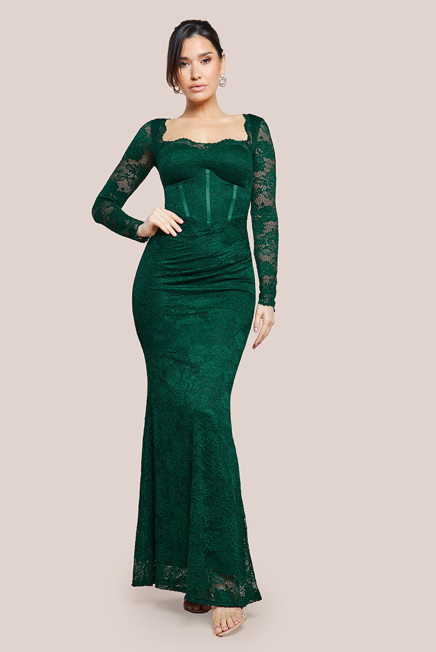 Goddiva Scalloped Lace Corset Bodice Maxi Dress - Emerald / 8 Goddiva Scalloped Lace Corset Bodice Maxi Dress - Emerald / 8