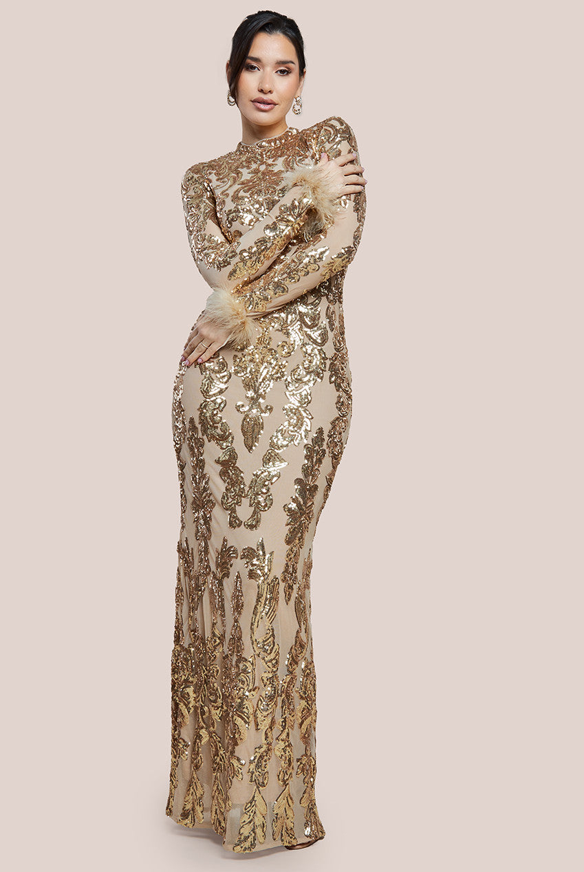 Wholesale Sequin High Neck Feather Cuff Maxi Dress City Goddess Wholesale Sequin High Neck Feather Cuff Maxi Dress City Goddess
