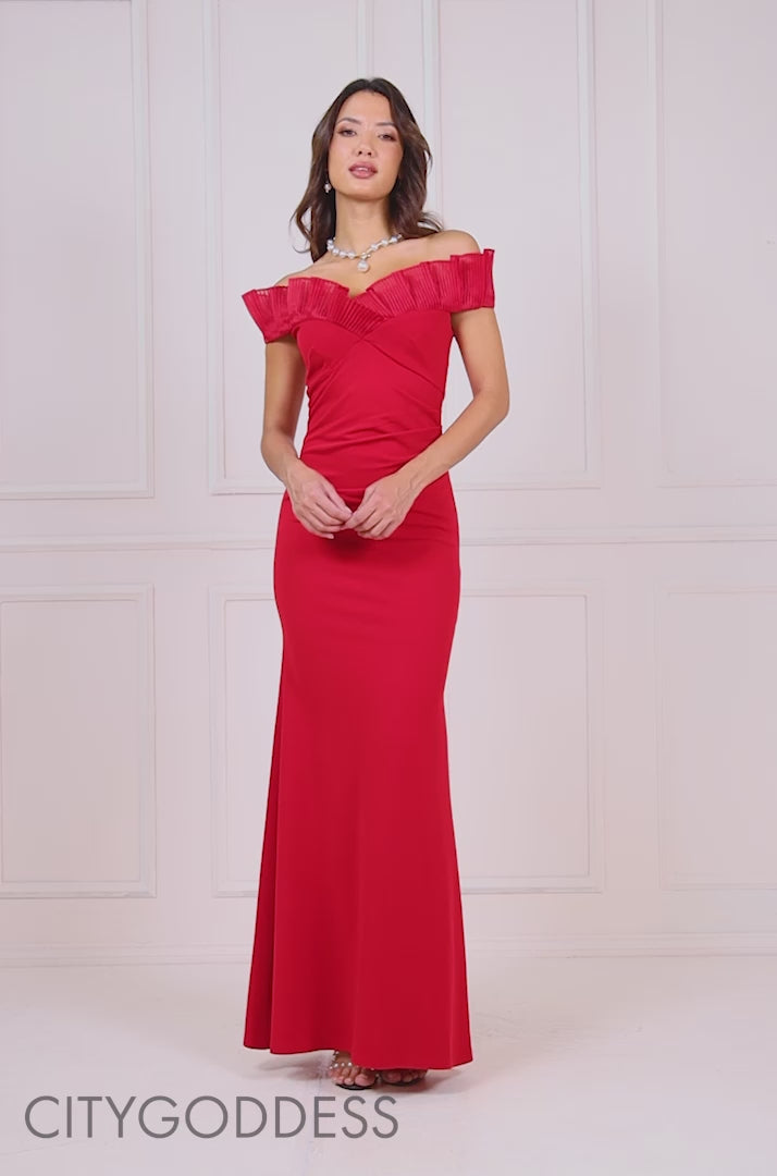 Fan Pleated Bardot Scuba Crepe Maxi Dress DR4070
