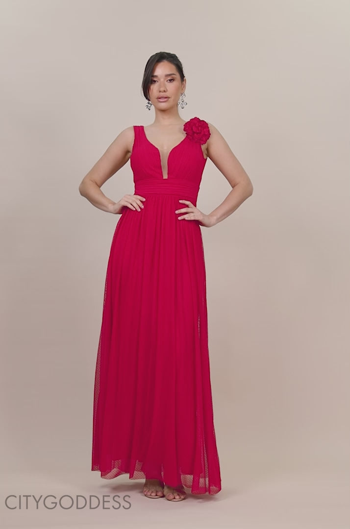 Ombre Pleated Dobby Mesh Corsage Maxi Dress DR4294