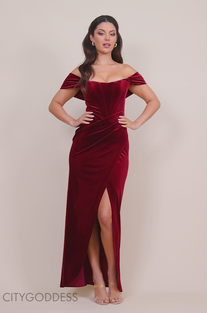 Draped Shoulder Velvet Corset Maxi Dress DR4044