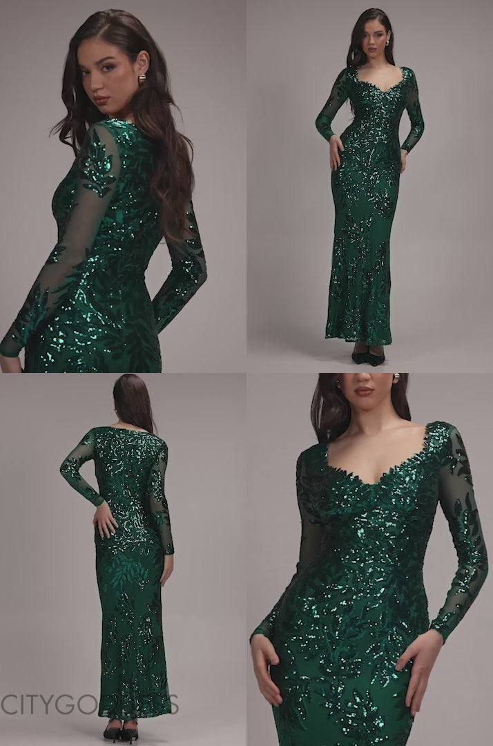Long Sleeve Sequin Leaf Long Sleeve Maxi Dress DR4359