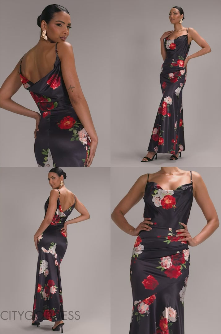 FLORAL PRINT SATIN COWL NECK MAXI DRESS DR5191