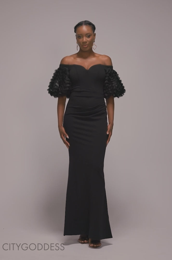 Off The Shoulder 3D Puffed Sleeve Sweetheart Maxi Dress DR4637