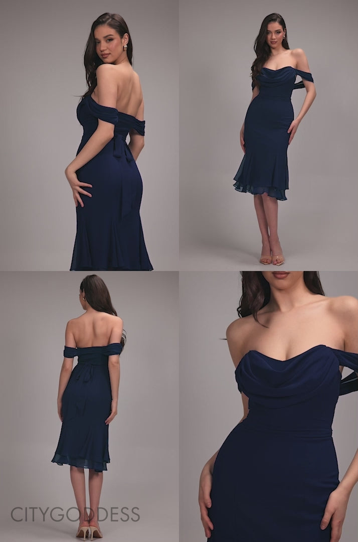 Chiffon Cowl Off Shoulder Wing Tiered Midi Dress DR4843