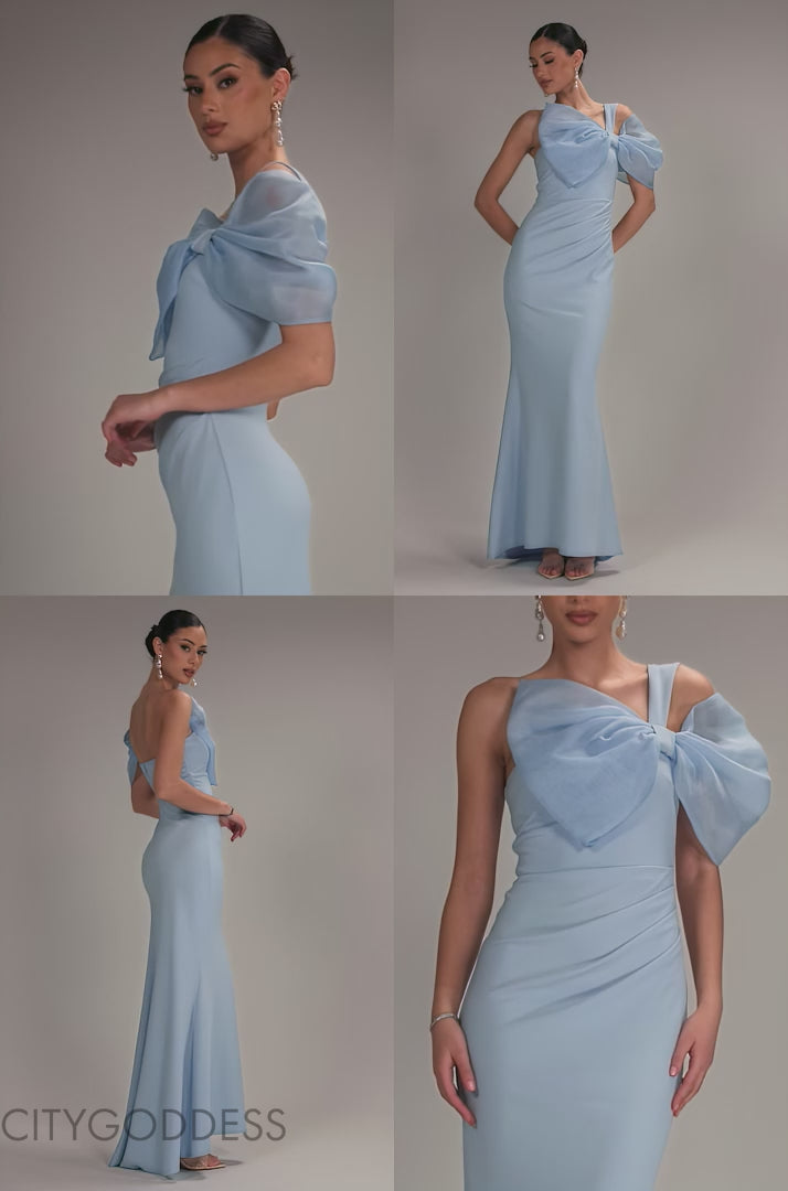 Organza Bow One Shoulder Scuba Crepe Maxi Dress DR4812