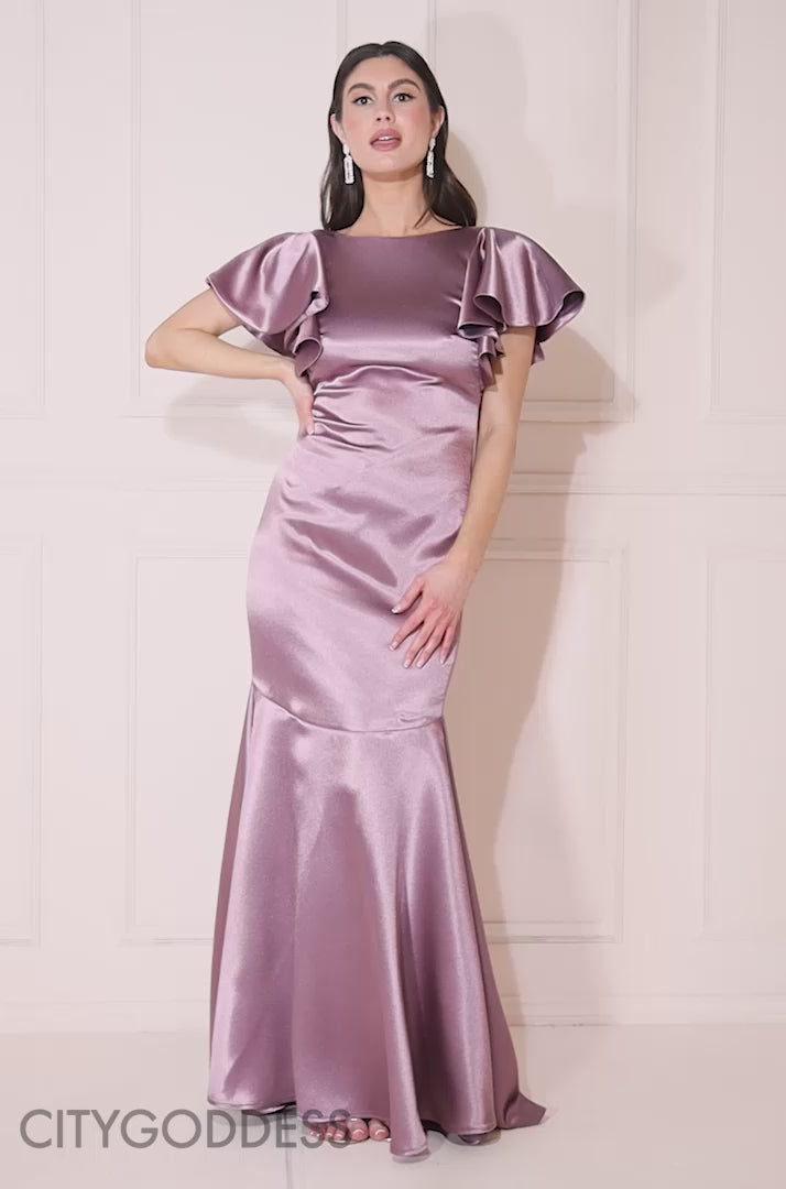 Satin Flutter Sleeve Mermaid Maxi Dress DR3954