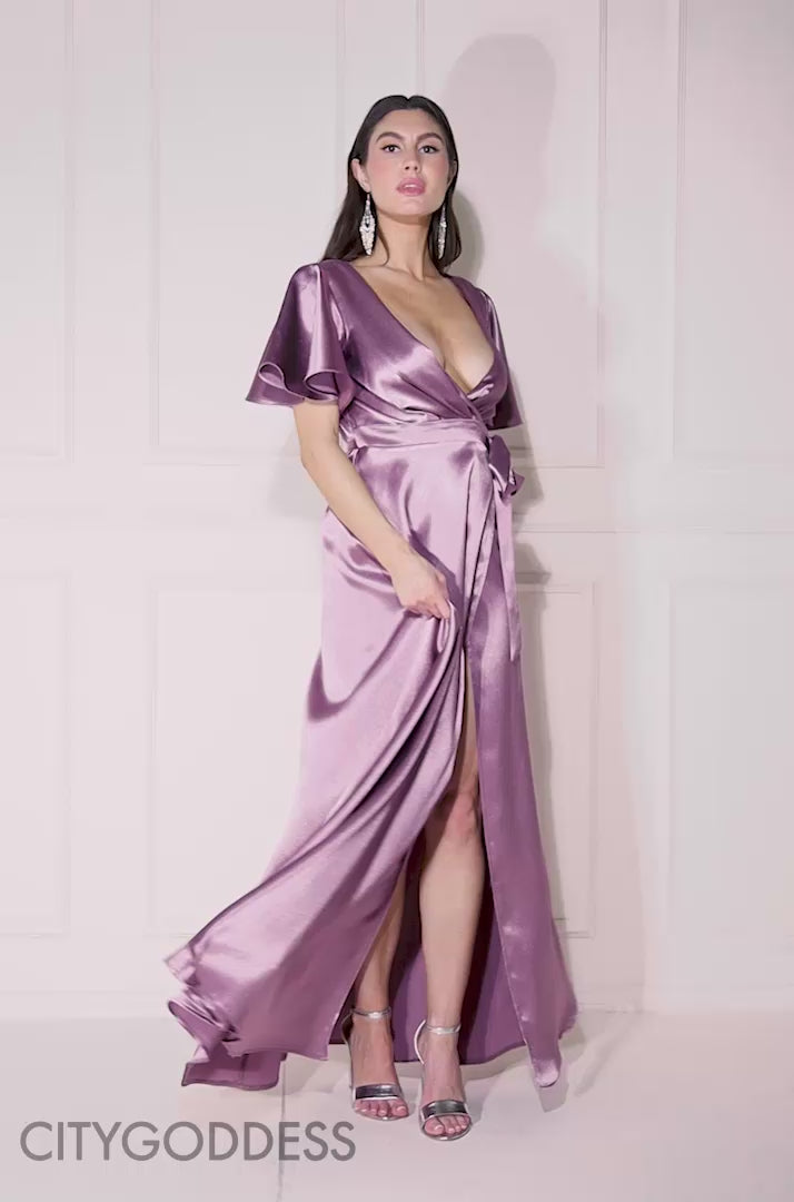 Flutter Sleeve Wrapover Satin Maxi Dress DR3955