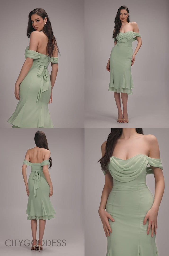 Chiffon Cowl Off Shoulder Wing Tiered Midi Dress DR4843