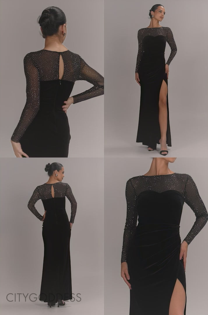 DIAMANTE SLEEVES ILLUSION NECK FRONT WRAP VELVET MAXI DRESS DR5221