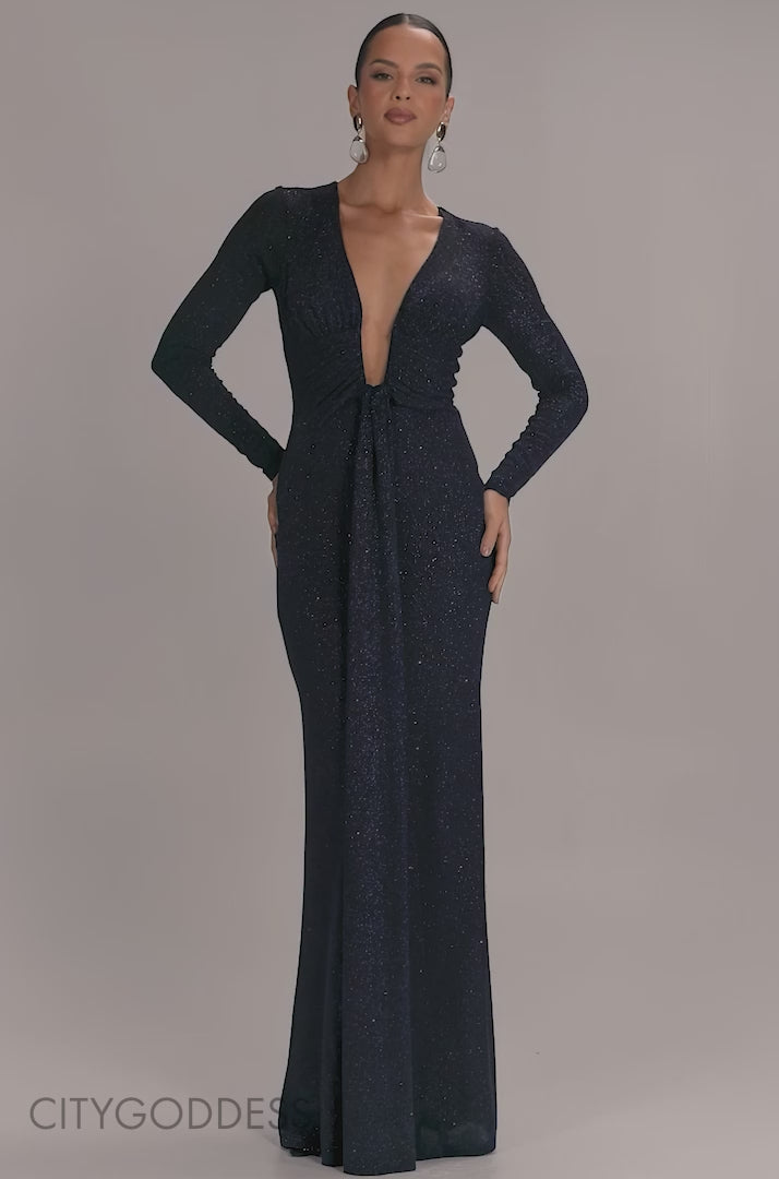 PLUNGE NECK LONG SLEEVE FRONT DRAPED LUREX MAXI DRESS DR5231