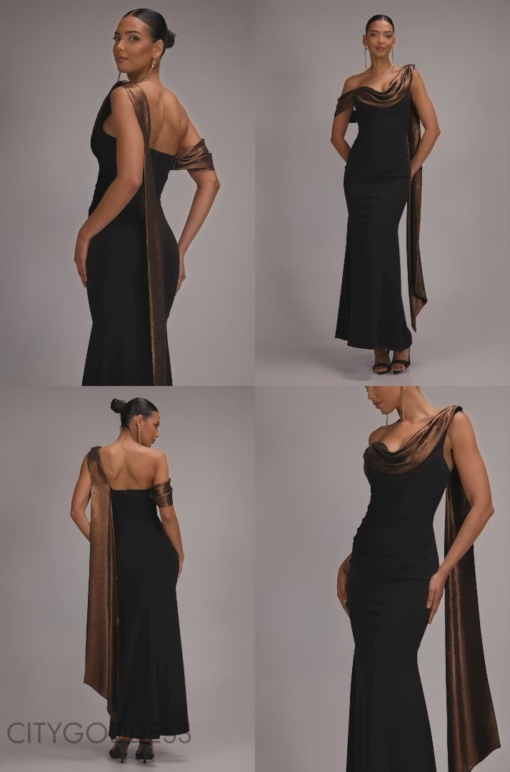 Foil Chiffon Cowl One Shoulder Cape Maxi Dress DR4998