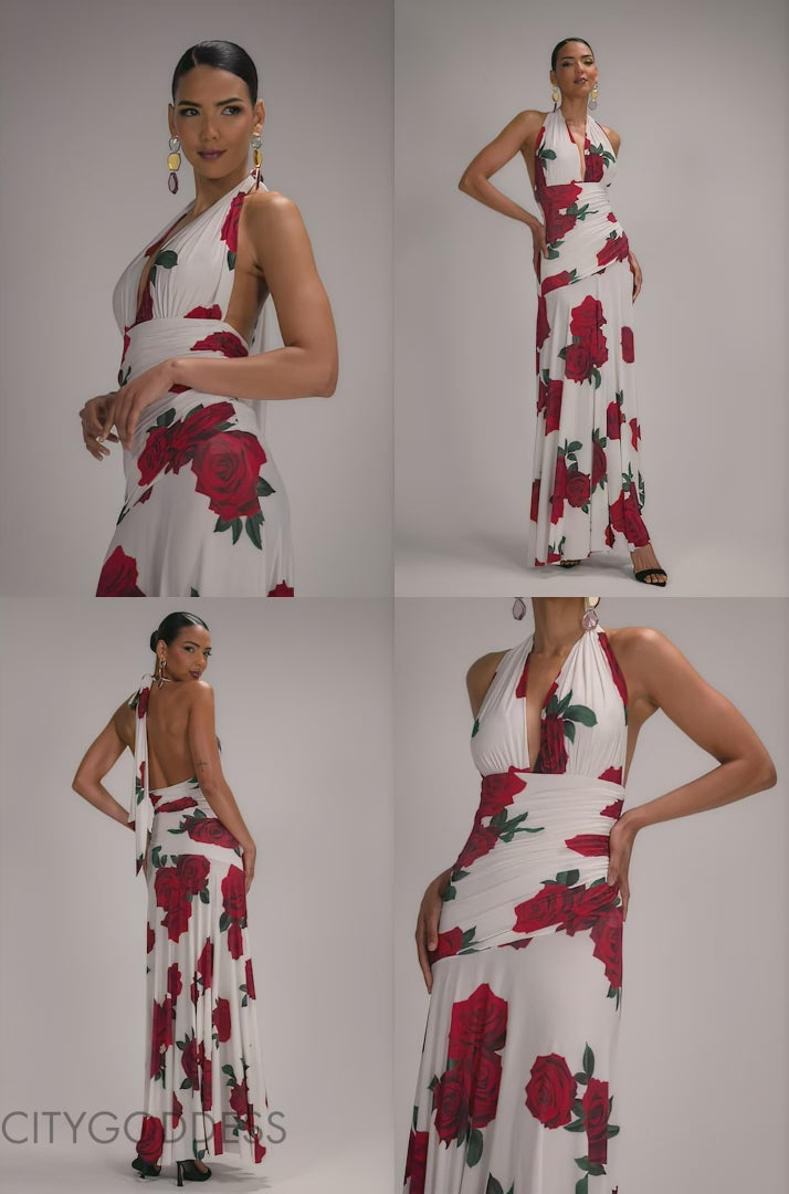 FLORAL HALTER NECK EMPIRE WAIST GATHERED MAXI DRESS BY GODDIVA DR5259